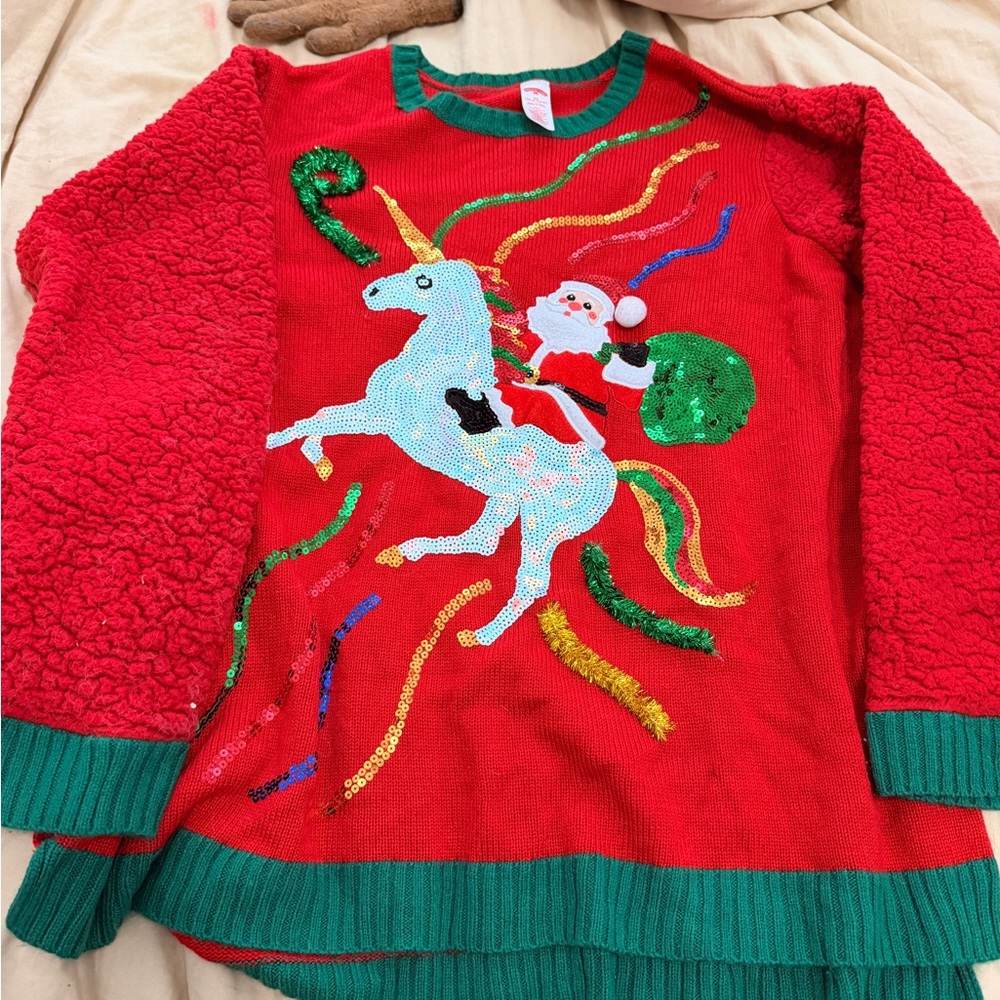 Red Women’s Unicorn and Santa Sweater Ugly Christmas Sweater